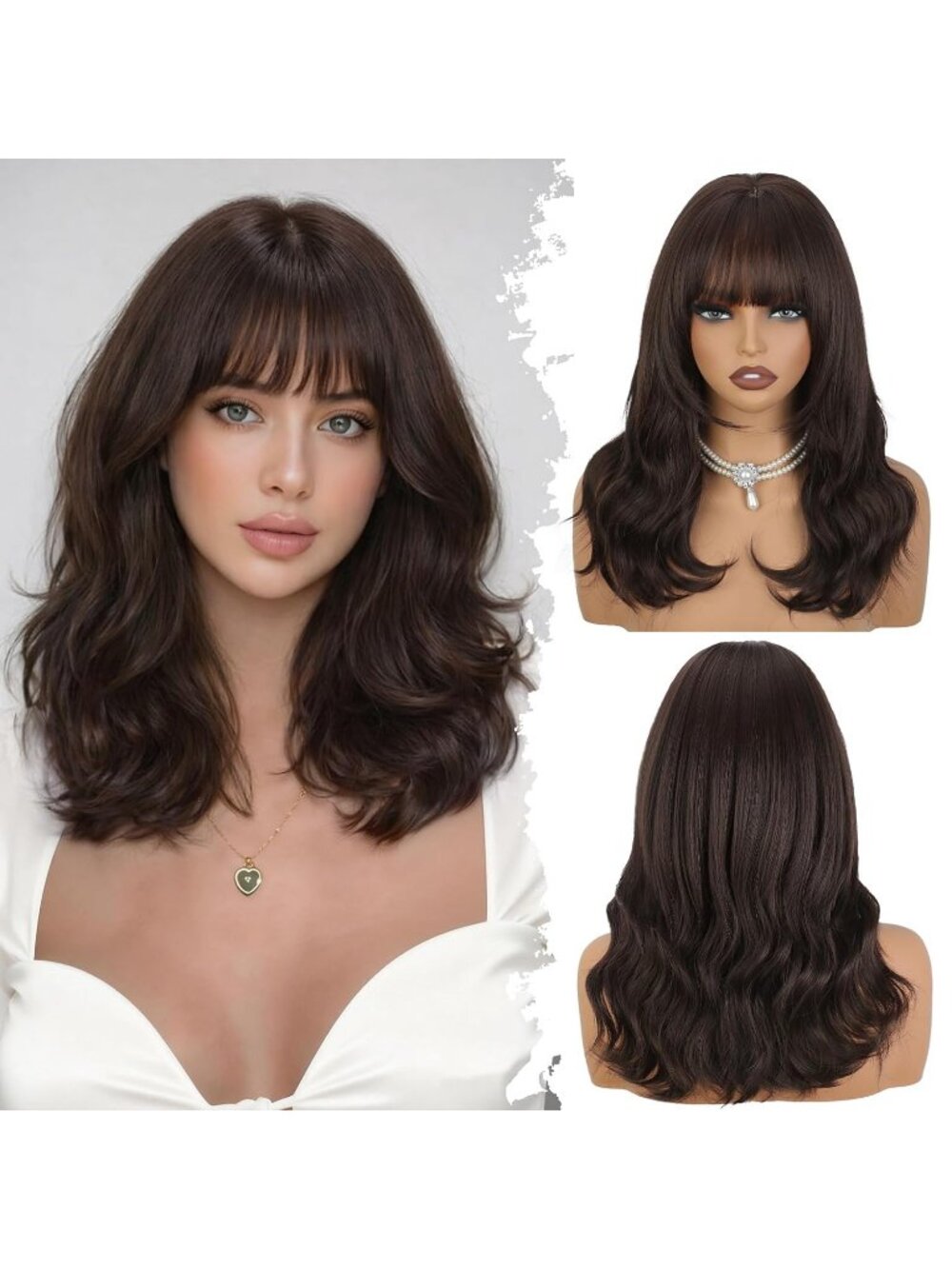 Women's Dark Brown Natural Looking 18 Inch Classic Synthetic Layered Wavy Wigs